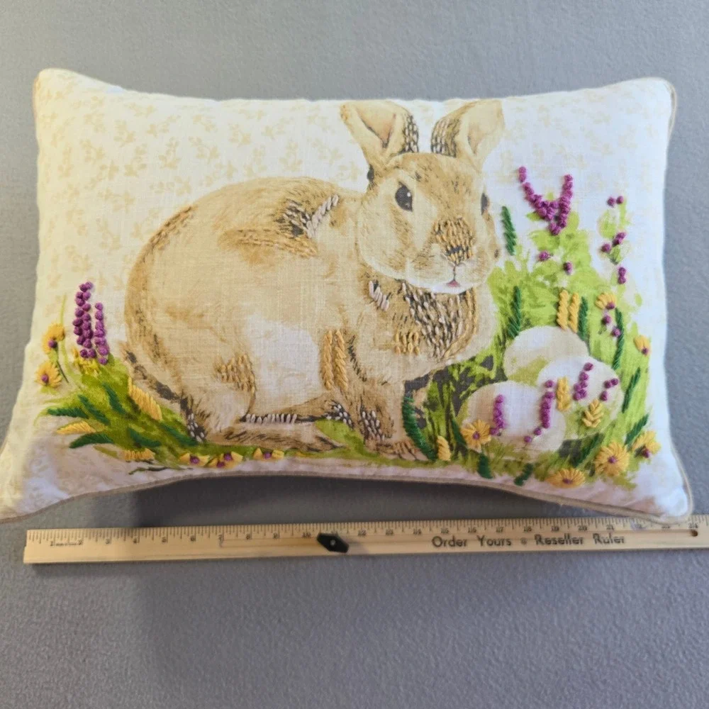 Bunny Rabbit Accent Pillow Unisex 18x12 Cream Embroidered Floral Duck Feather